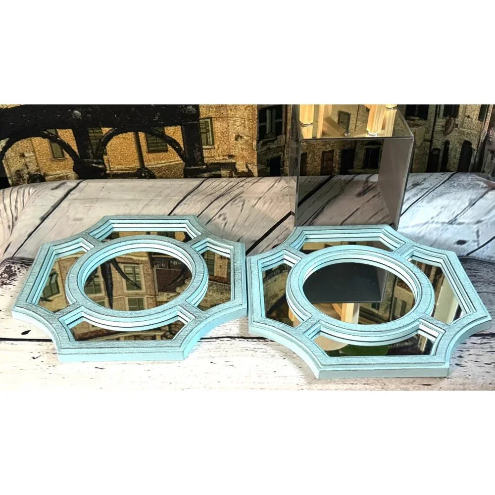 Set Of 2 Light Blue Octagonal Wall Mirrors With Geometric Design